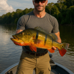 Angler on a bass boat holding a 20-pound peacock bass during a guided amazon fishing trip in Brazil