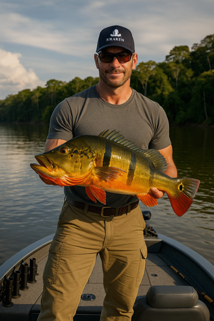 Angler on a bass boat holding a 20-pound peacock bass during a guided amazon fishing trip in Brazil